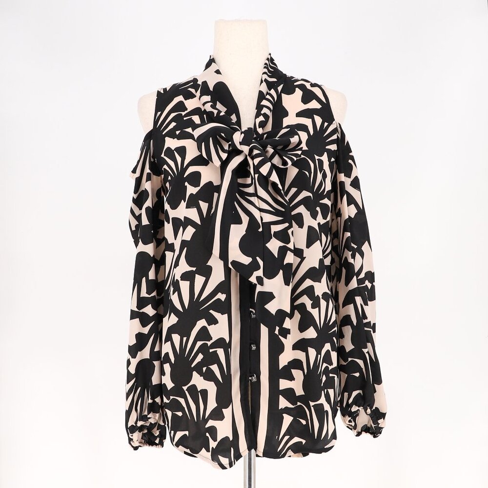 TRACY REESE 100% Silk Front Bow Cold Shoulder Bold Print Button Blouse Size 2
